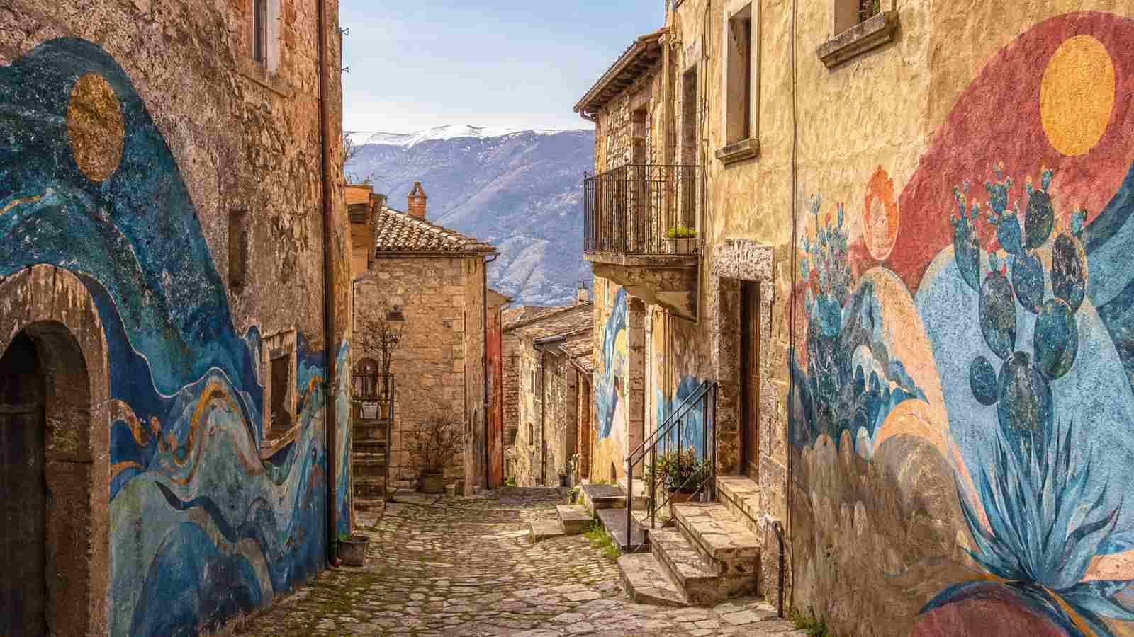 Street art murals in Aielli, Abruzzo, along the streets of Borgo Universo