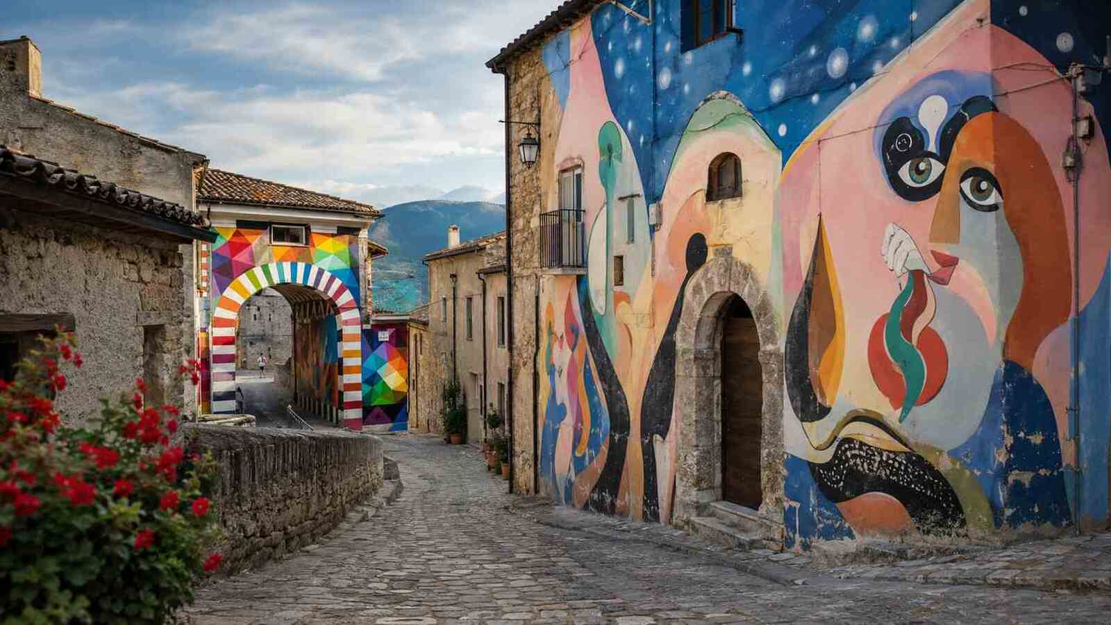 Street art murals in Aielli, Abruzzo, along the streets of Borgo Universo