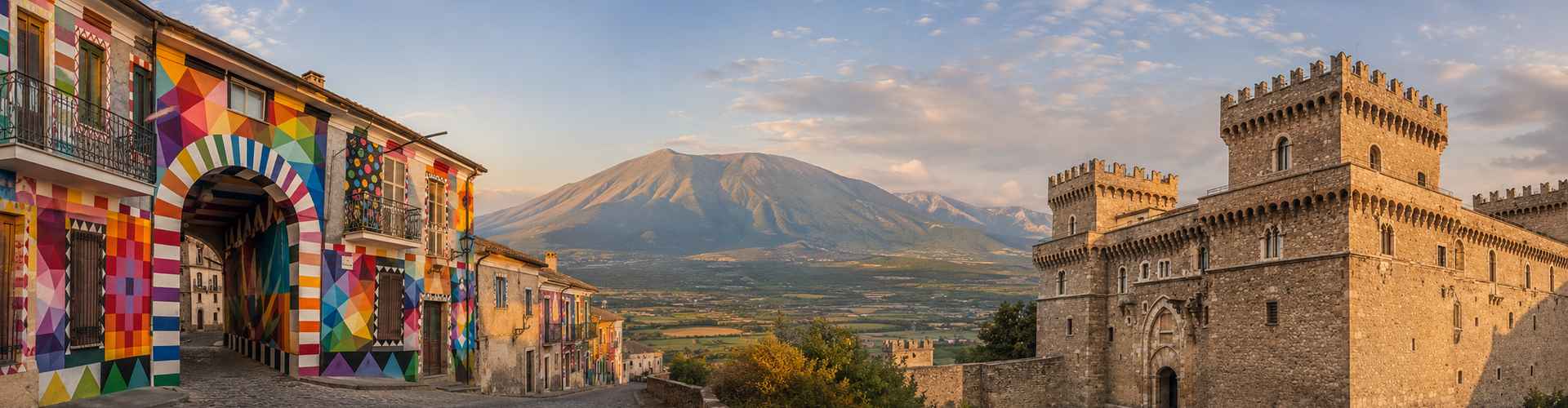 Aielli and Celano in Abruzzo with colorful street art, Piccolomini Castle and mountain landscape